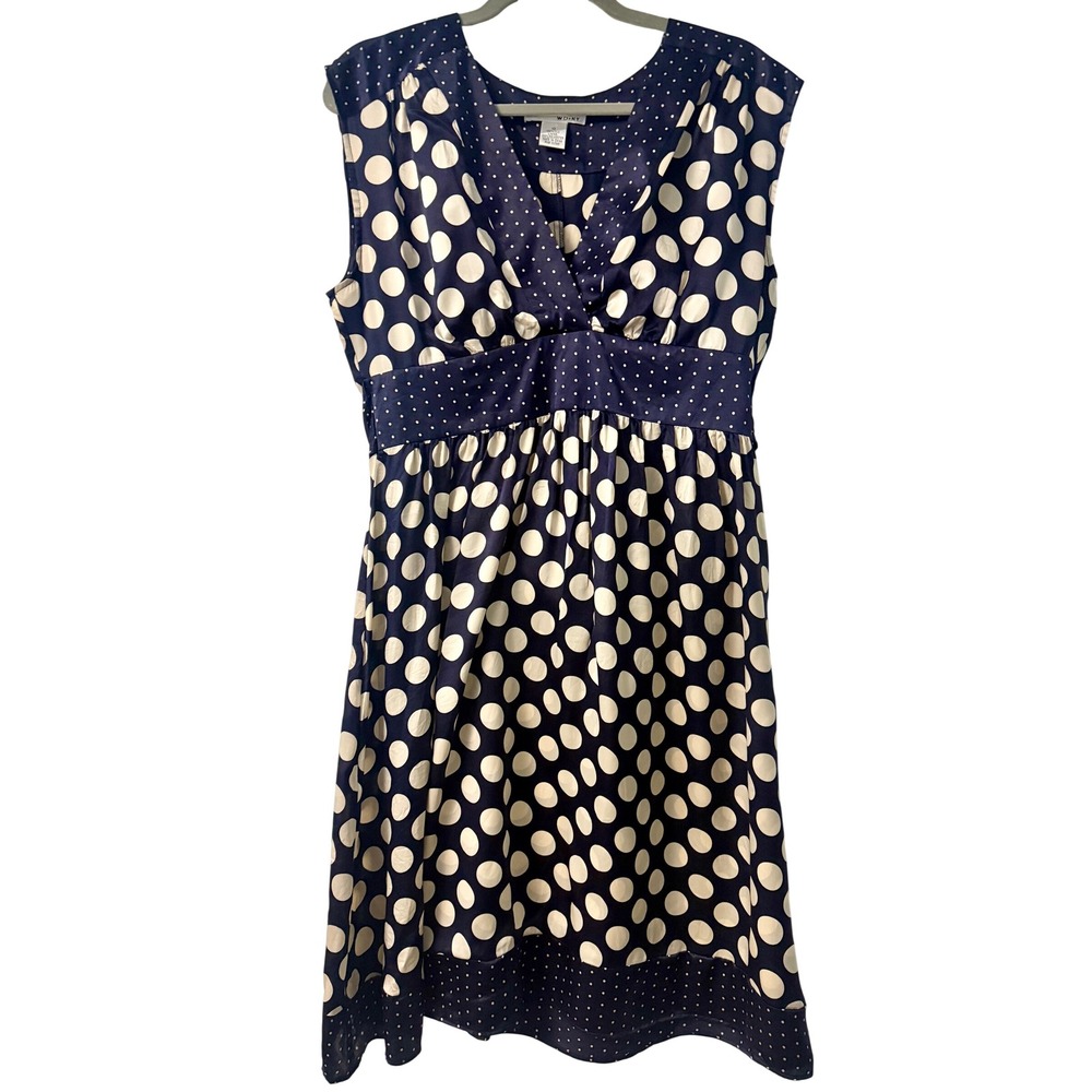 WD-NY Navy Blue Cream Polka Dot 100% Silk Empire Waist V-Neck Dress Size 10